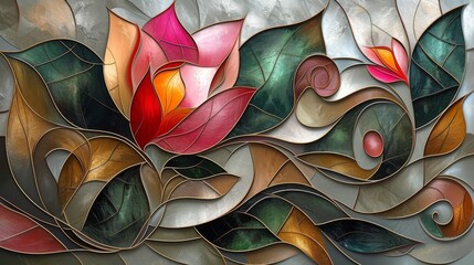 Stained glass window background with colorful Flower Tulip abstract