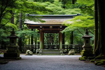 Serene Shinto shrine surrounded by lush greenery in Japan