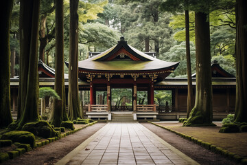 Serene Shinto shrine surrounded by lush greenery in Japan