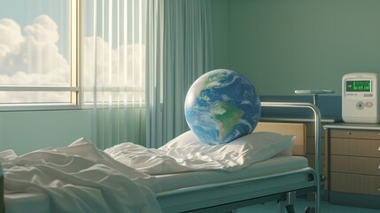 planet earth in a hospital bed. global warming concept