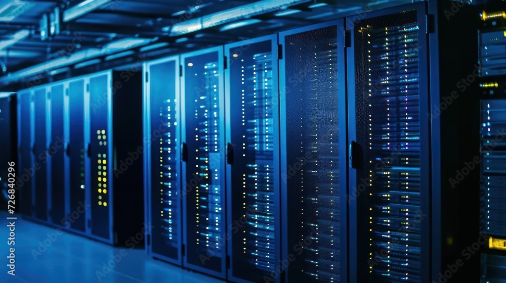 Poster rows of servers in a data center generative ai