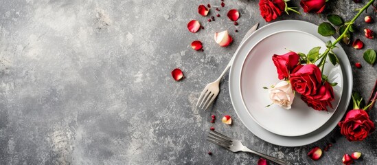 Festive table arrangement featuring roses, modern plates and cutlery on rustic grey background with space for writing