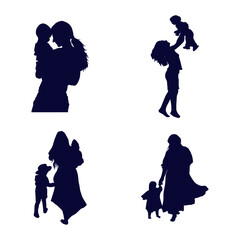 Mother and Daughter Silhouette. With Different Pose. Vector Illustration Set