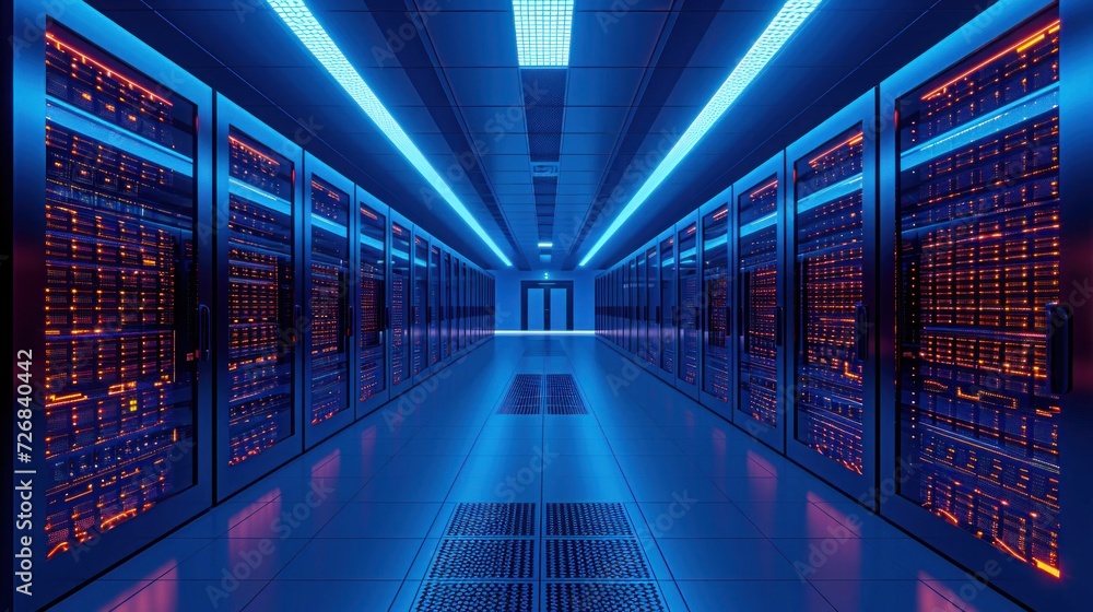 Poster long hallway with rows of servers in a data center generative ai