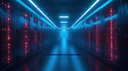 Long Hallway With Rows of Red and Blue Lights in a Data Center Generative AI