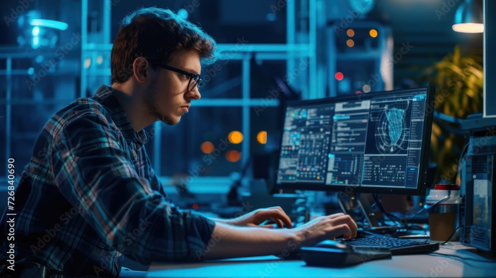 Poster man sitting in front of computer monitor generative ai