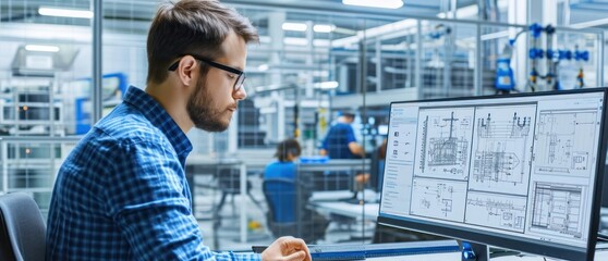 Engineer Using CAD Software for Product Prototyping in Factory Generative AI