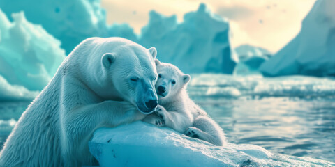 Naklejka premium a polar bear with its baby cub hugging an iceberg, generative AI