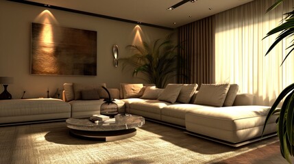 Fototapeta na wymiar Spacious Living Room With Large Couch and Coffee Table Generative AI