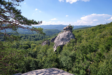 Huge rocky boulder formations high in mountains with growing trees on summer sunny day
