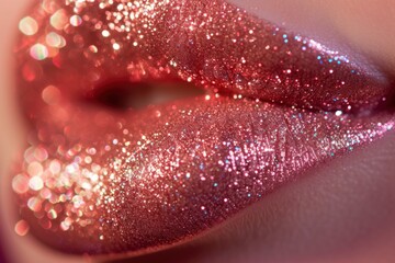 close up cosmetic photography of glittery and glossy lips, facing the camera, hd commercial photography, copy space - generative ai