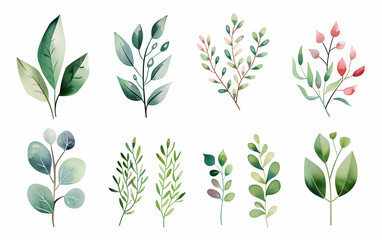 Fototapeta na wymiar Collection of green watercolor foliage plants clipart on white background. Botanical spring summer leaves illustration. Suitable for wedding invitations, greeting cards, frames and bouquets.