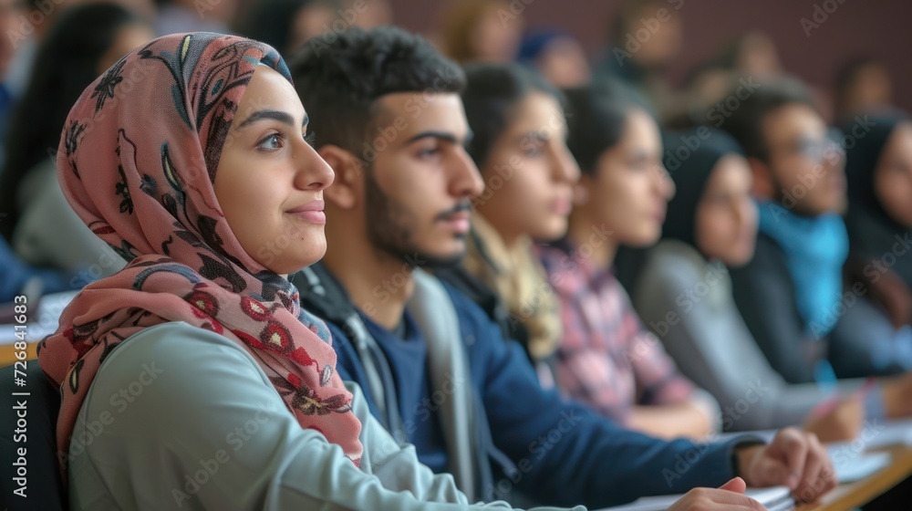 Poster group of arabic university students listening to a lecture generative ai