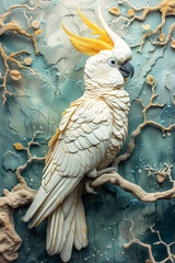 Illustration of a Cockatoo on a branch blue background.