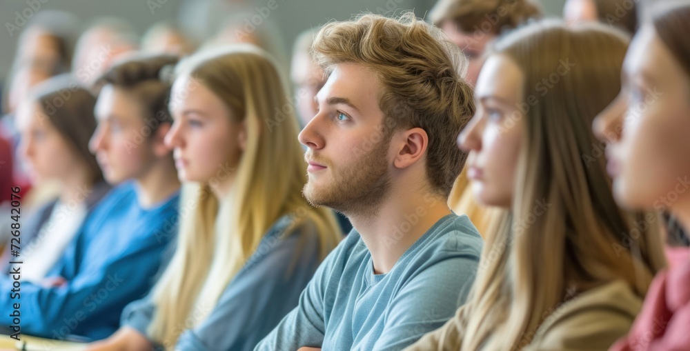 Poster group of caucasian university students listening to a lecture generative ai