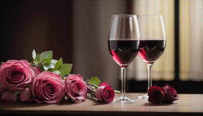 Romantic Setting with Red Wine and Pink Roses on Table