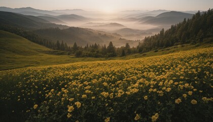 Obraz premium Serene Sunrise over Flowering Meadow and Misty Mountains