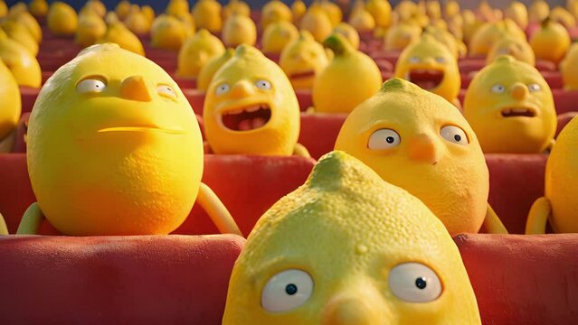 A group of lemons in the audience laughing hysterically at a joke about a sour breakup.
