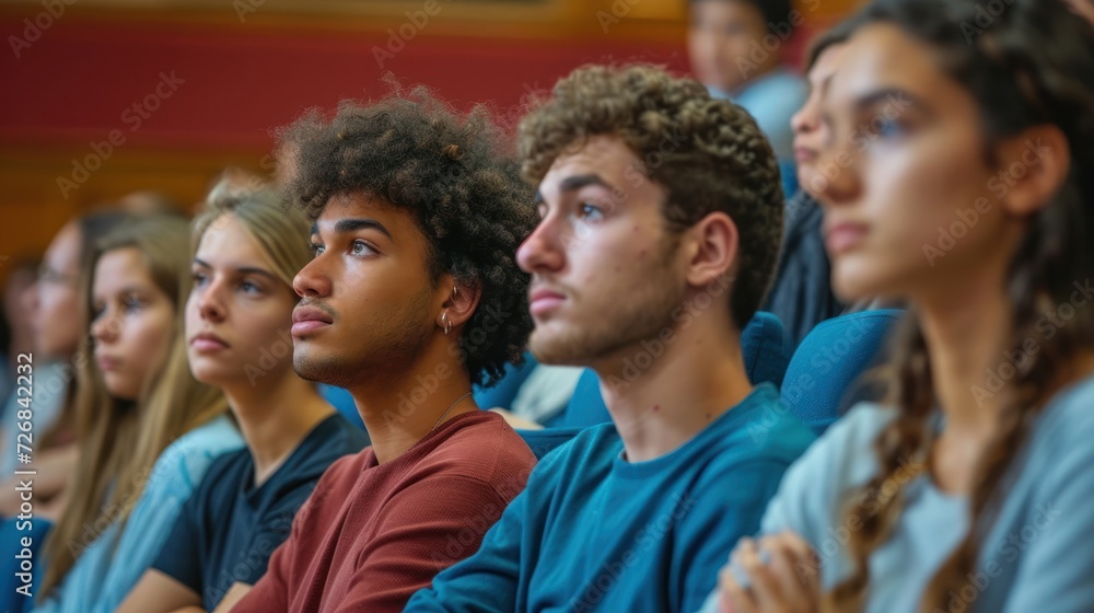 Poster group of caucasian university students listening to a lecture generative ai