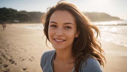 Happy young woman smiling on sunny beach