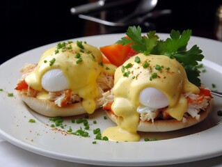 gourmet plate of eggs benedict with sauce and herb decoration