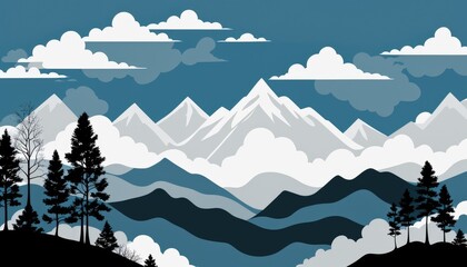 Serene mountain landscape with clouds and pine trees