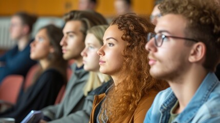 Obraz premium Caucasian University Students Listening to a Lecture Generative AI