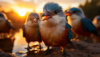 A colorful sunset, birds perching on a branch generated by AI