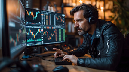 Concentrated trader with headphones examining real time stock market and financial data on multiple monitors in a cozy office setting.