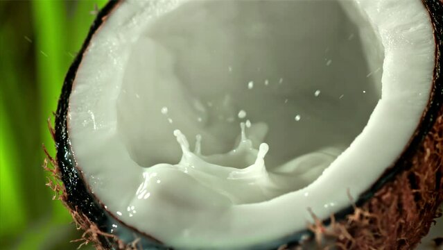 Milk is poured into half a coconut with a splash. Filmed on a high-speed camera at 1000 fps. High quality FullHD footage