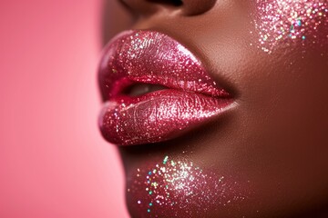 close up cosmetic photography of glittery and glossy lips, facing the camera, hd commercial photography, copy space - generative ai