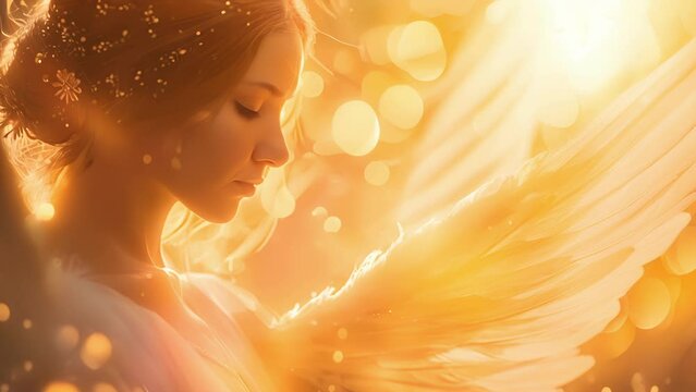 A lone angel eyes closed in deep meditation surrounded by a golden aura as they focus on bringing harmony to the universe.