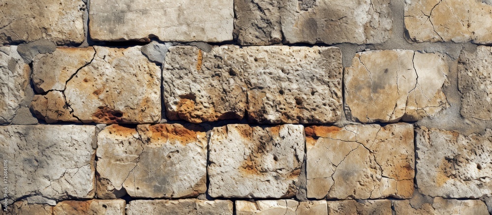 Poster a retro background of aged stone blocks with cracks.