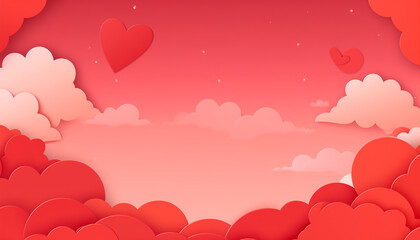 Valentine's Day decoration background. Paper cut style hearts and clouds on beautiful red sky with clouds. Banner, postcard