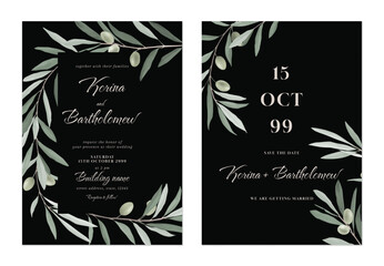Wedding invitation template, dark grey elegant olive branch  - 726843498