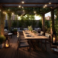 Fototapeta premium A dining area that seamlessly blends urban living with a touch of nature. Picture a dining table surrounded by potted plants and vertical gardens