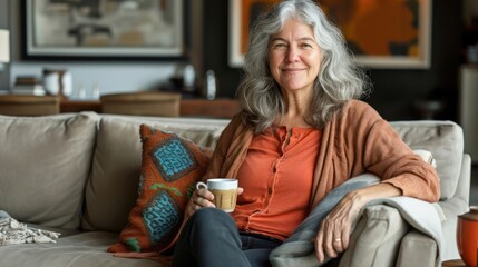 Obraz premium Mature Woman Sitting on Couch With Coffee Cup Generative AI