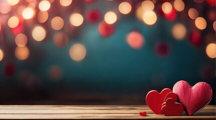 The background of an empty old wooden table with a Valentine's day or wedding theme in the background, red hearts on a wooden table with a blurred side in the background, a place for text