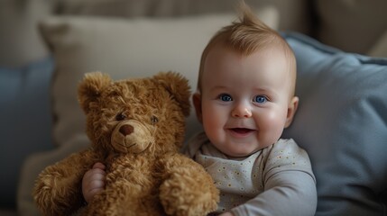 a very cute little blue eyed baby smiling, sitting up holding a stuffed bear 
