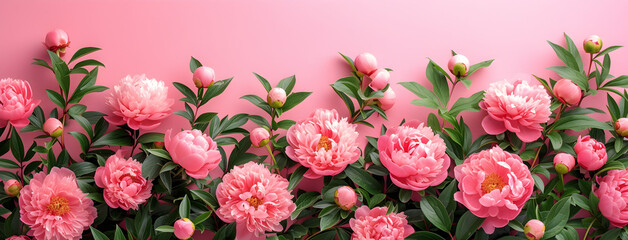 Spring peony flowers on pink pastel background, top view in flat lay style, perfect for women's day or mother's day greeting or spring sale banner. - obrazy, fototapety, plakaty