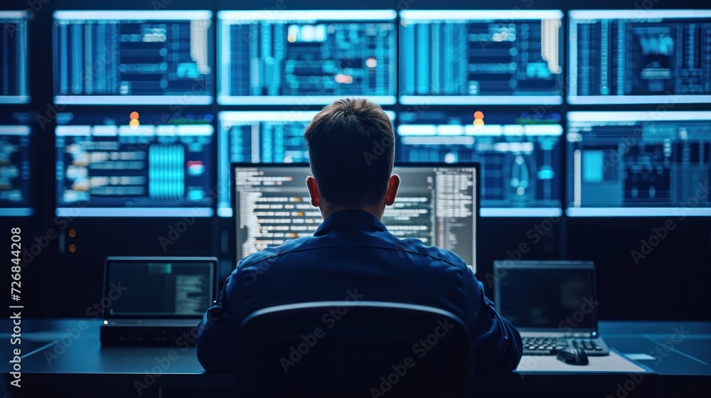 Poster man working on laptop computer generative ai