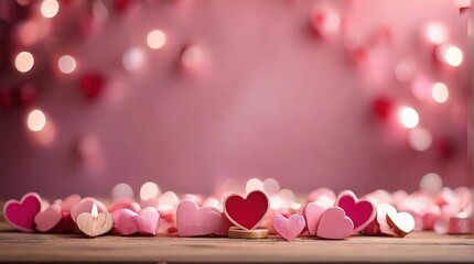 Pink hearts on a wooden table with a blurred side on a pink background , a place for text, a wooden table background with hearts with a Valentine's day or wedding theme