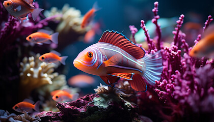 Naklejka na ściany i meble Colorful clown fish swim in vibrant underwater reef generated by AI