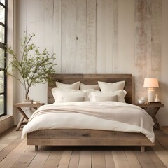 A bedroom that combines rustic charm with minimalist simplicity. Picture a bed with a reclaimed wood frame, simple bedding