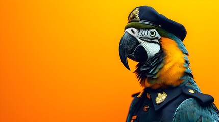Colorful Parrot in Police Uniform on Orange Background - obrazy, fototapety, plakaty