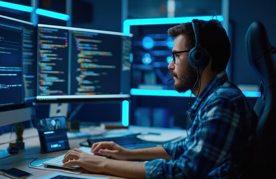 IT Specialist Wearing Headphones at Computer Generative AI