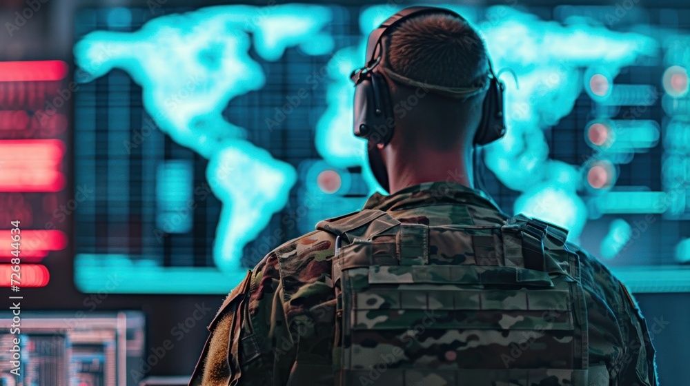 Poster man wearing headphones in front of computer screen generative ai