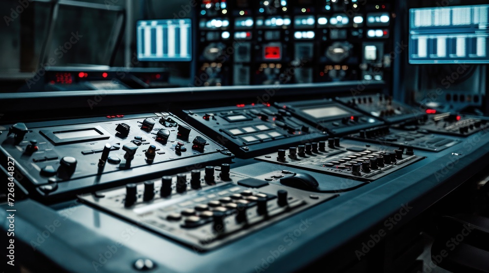 Poster control panel in a sound studio control room generative ai