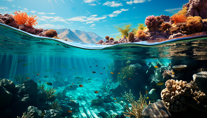 Underwater fish swim in nature deep blue aquatic landscape generated by AI