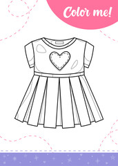 Coloring page for kids with cute baby girl dress.
A printable worksheet, vector illustration.
